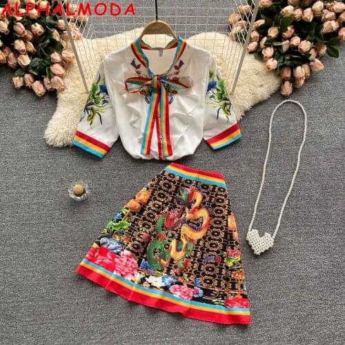 ALPHALMODA 2021 Printed Short-sleeve Floral Shirts A-line High Waist Pleated Skirt Women Vintage 2pcs Fashion Suit