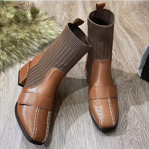 Stylish Stitching Socks Boots Women Stretch Fabric + PU Leather Splicing Square Heel Ankle Boots Shoes Woman Boats Mujer 2021