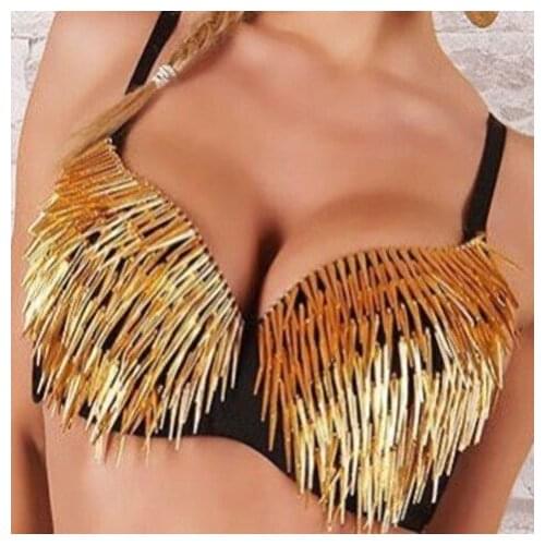 Sexy Bras Women Party 2021 New Punk Dance Push Up Bra Nightclub Costumes Bras Bralette Encaje Fringe Patch Golden Girls' Night