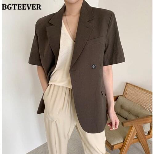 BGTEEVER Casual Notched Collar Single Button Summer Blazer Jacket for Women Short Sleeve Loose Female Suit Outwear 2021