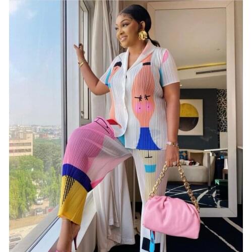 Miyake Pleated Cartoon Pattern Print Button Suit Matching Women Two Piece Set Outfits Summer Indie Aesthetic Clothes