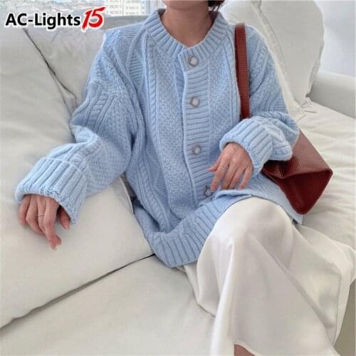Retro Cross Twist Sweater Womens Fashion KnittedCardigan Autumn Coat Blue Button O Neck Jumper Female Green Knitwear Jacket Top