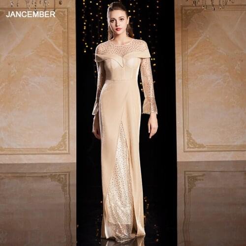 J9071 jancember evening dress long sleeve o-neck trumpet sleeve sequin champagne gold formal dress long robe de soiree femme
