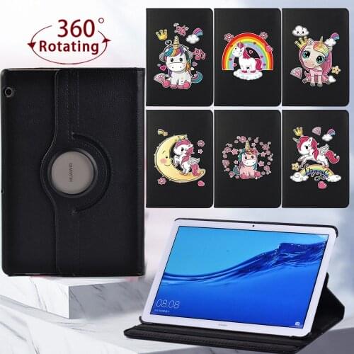 For Huawei MediaPad T5 10 10.1 Inch/T3 10 9.6 Inch Tablet Case 360 Rotating Cute Unicorn Protective Cover + Free Stylus