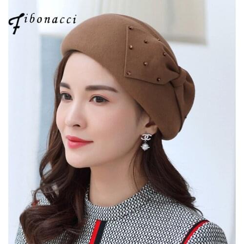 Fibonacci Hat Elegant Female Berets Wool Felt Cap Bow Sequin Embellishment Beret Hats for Women Church Dinner Formal Fedoras