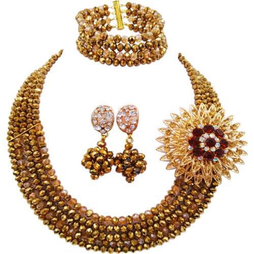 Characteristic Golden Brown Gold AB Crystal Jewelry Sets Women Neckalce Earring Sets for Anniversary 5C-ST-12