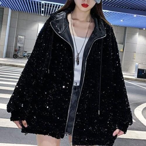 European Station Autumn and Winter New Heavy Industry Sequined Hooded Womens Loose Large Glitter Cardigan Jacket