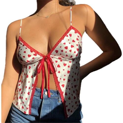 Summer Womens Camisole 2021 Ins Style Love Heart Printing Bow Tie V Neck Sweet Vest Sling Tops Casual Tank Top Lace Cami Top