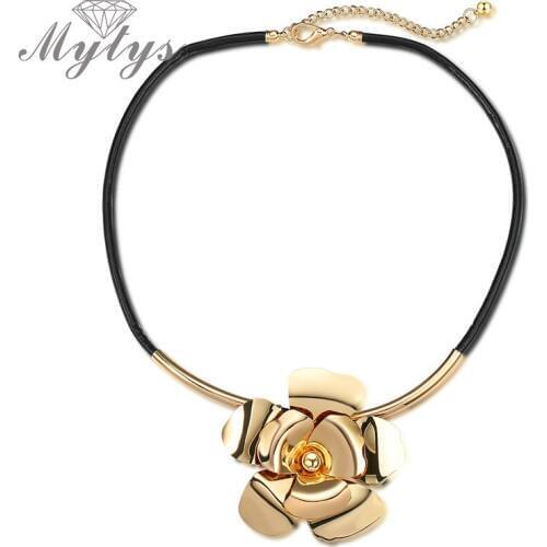 Mytys Fashion Black Rope Chain Big Gold Color Yellow Alloy Flower Pendant Necklace Hyperbole Trendy Net Star Jewelry CN368