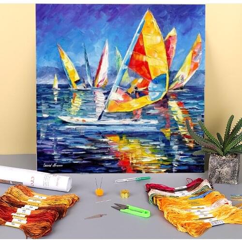 Yellow Yacht Printed 11CT Cross-Stitch Full Kit Embroidery DMC Threads Craft Painting Sewing Needlework Package Wholesale