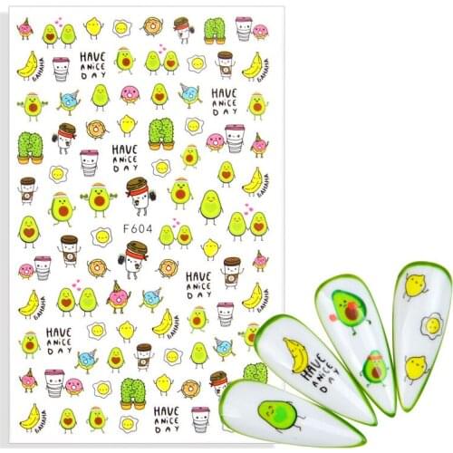 1 Sheet Banana Avocado Fruits 3D Sticker For Nail Art Cartoon Character Adhesive Slider UV Gel Manicure Tips Decoration