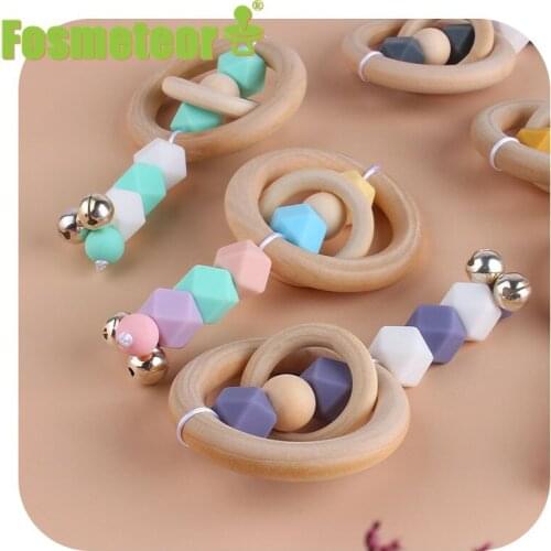 Fosmeteor New Wood Ring Teether Molar Rod Rattle Silicone Beads Baby Cute Cartoon Pacifier Toy Accessories Baby Products