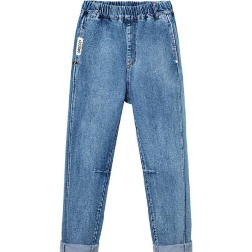 New 5-16 Year Old Boy Kids Jeans Letter Printing Pocket Elastic Waist Boy Jeans Girls Jeans Casual Korean Jeans Boy Winter Pants