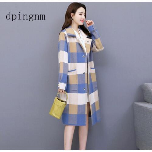 Winter Fashion Women Plaid Wool Blends Coat Casual Cotton Check Thick Cardigan Female Cashmere Overcoat Plus Size