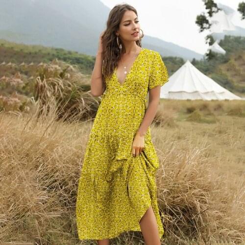 Boho Dress Women Bohemian Floral Print V Neck Summer Sundresses Casual Clothes New Arrival 2020 Yellow Vacation Dresses DS102