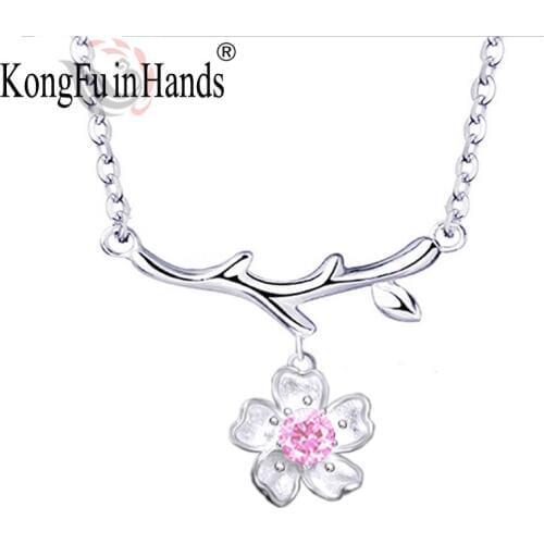 925 Sterling Silver Sakura Pendant Necklace For Women Romantic Cherry Blossoms Flowers Shape Sweet Style Engagement Gift