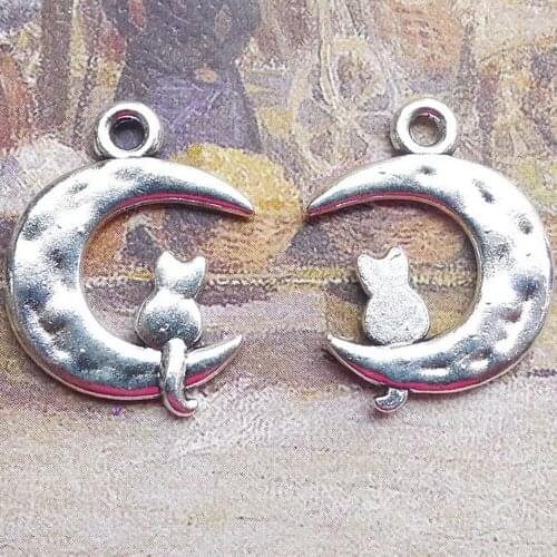 100pcs Cat on Moon Charms 18mm x 23mm DIY Jewelry Making Pendant antique silver color