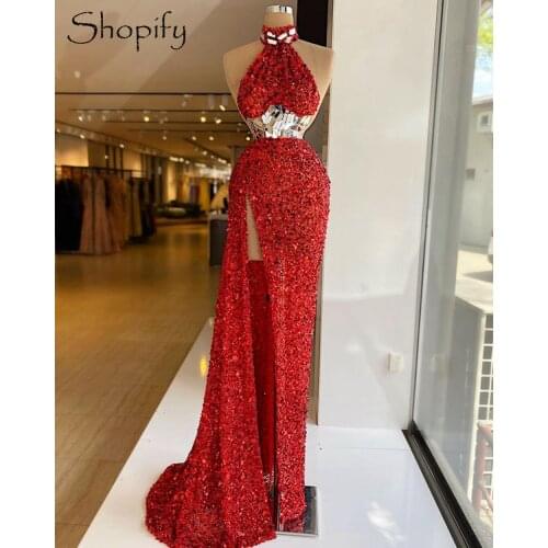 Real Sample Sexy High Slit Straight Crystals African Women Red Sequined Long Evening Dresses 2021