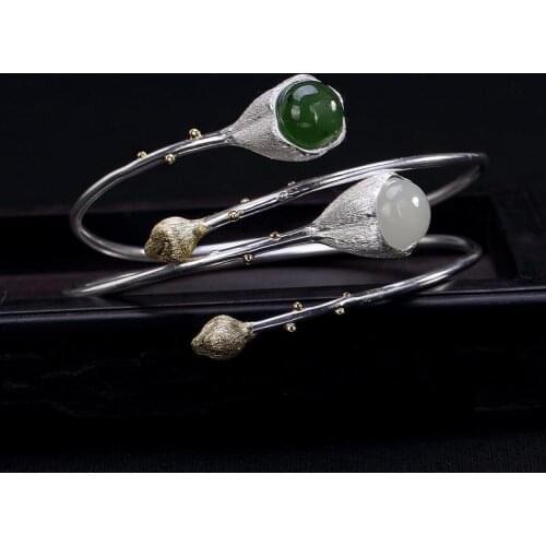 Silver inlaid natural Hetian jade lotus Bracelet Chinese style retro winding womens minority design adjustable brand jewelry