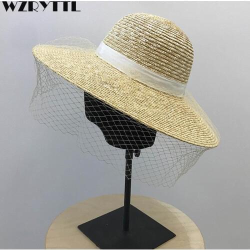 New Style Summer Hat Women Fascinator Veil Netting Straw Hat Ribbon Sun Hat for Beach Street Daily Elegant Kentucky Derby Hat