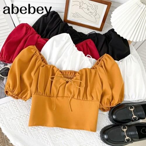 Fashion V-neck puff sleeve Shirt lace up bow high waist pleated solid color short Shirt Top 2021 New Summer Women