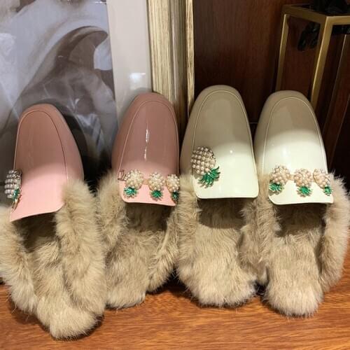 OLOMLB Womens Real Rabbit Fur Backless Pineapple Pearls Leather Slipper Mule Slide Princetown Shoes Mules Warm Plus Size 34-44