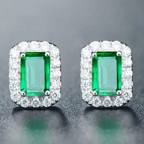 Chic Square Green Crystal Emerald Gemstones Diamonds Stud Earrings for Women White Gold Silver Color Fine Jewelry Fashion Gifts