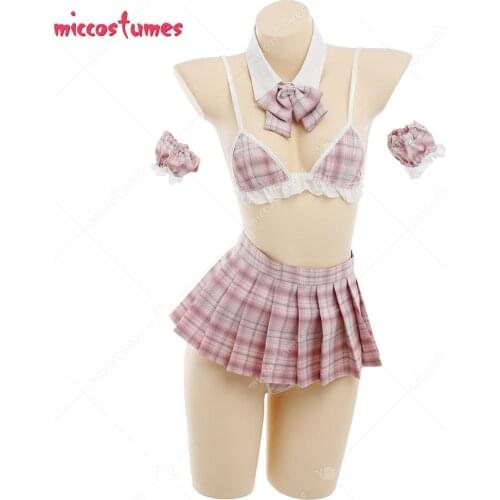 Woman Sexy Fashionable Japanese Style JK Pink Grid Bikini Pattern Three-Point Uniform Costume Outfit with Arm Accessories