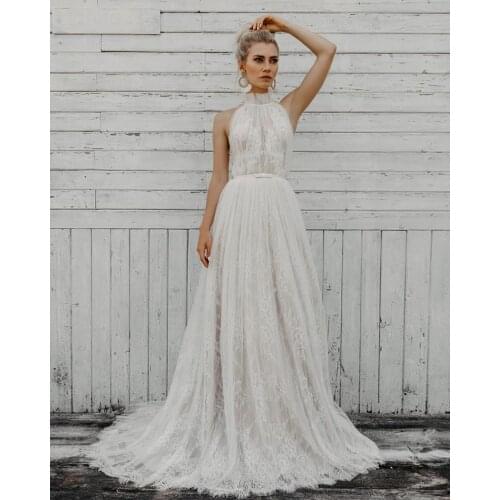 Vestidos De Novia Elegant Beach Wedding Dresses High Neck Hochzeitskleid Off the Shoulder Gelinlik See Through Back Brautkleid
