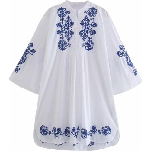 New Vintage Women Embroidery Dress Wrist sleeves O-Neck Chic Lady Vogue Loose Kaftan Short Dresses Woman Robe