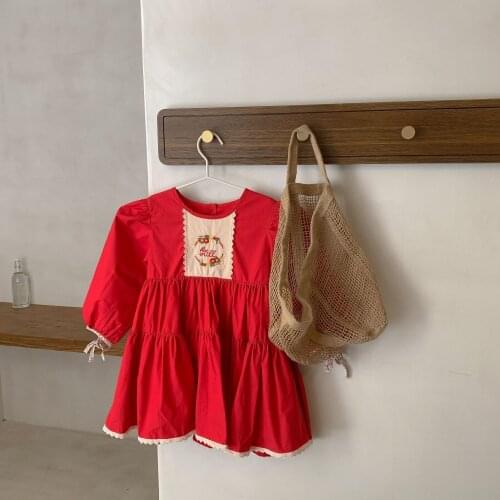 2021 Korea style girls embroidery dress fashion cotton autumn full sleeve girls dresses kids clothes 1-7 years