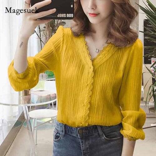 2021 Autumn Striped Lace Tops V-Neck Long Puff Sleeve Solid Womens Blouse Cardigan Plus Size White Yellow Shirt Blusas 11087