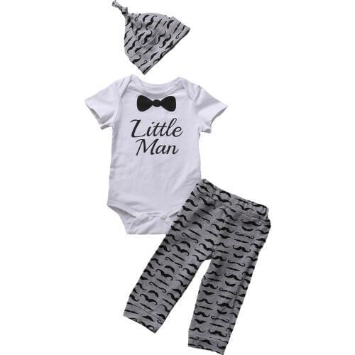 3pcs Newborn Baby Boys 0-18M Little Man Romper+Pants+Hat Jumpsuit Outfits Set Cotton Clotehs 0-18M