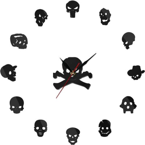 Dead Skeleton Cranium Self Adhesive DIY 3D Giant Wall Clock Various Skull Heads Quartz Acrylic Mirror Sticker Halloween Gift