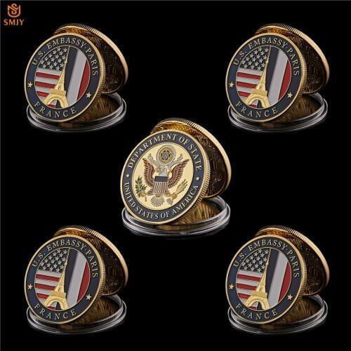 5Pcs/Lot US Department Of State Embassy Paris France Tower Gold Plated Challenge Commemorative Coin Collection And Gifts
