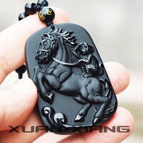 Free Shipping Mens Pendant Necklace Natural Black Obsidian Zodiac Horse Monkey Pendant Gift for Men Women Fashion Jewelry