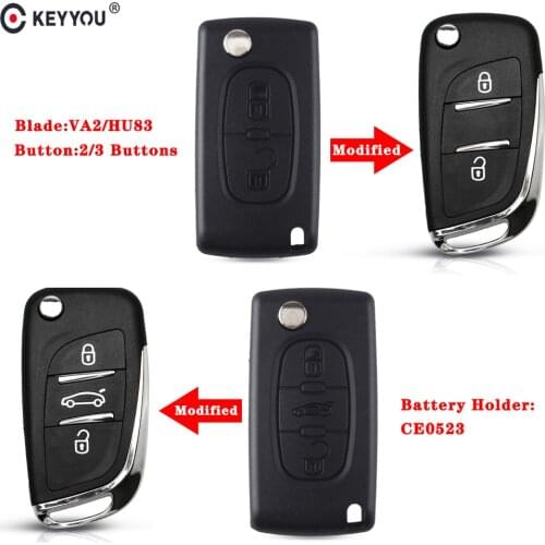 KEYYOU 10pcs CE0523 Modified Flip Key Shell For Peugeot 306 407 807 For Citroen Remote VA2/HU83 Blade Entry Fob Case 2/3 Button