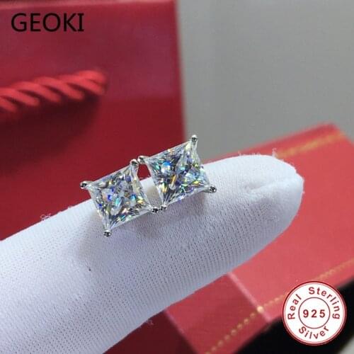 Geoki 925 Sterling Silver Passed Diamond Test Total 1-2 Ct Perfect Cut D Color Square VVS1 Moissanite Stud Earrings for Women