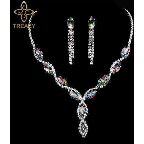 TREAZY Elegant Leaf Tassel Bridal Jewelry Sets Colorful Crystal Rhinestone Necklace Earrings Prom Wedding Jewelry Sets for Women
