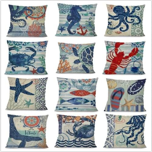 Linen 18"Blue Marine Style Octopus sailor Cushion Cover Sofa Decorative Sea Turtle Throw Pillowcase housse de coussi