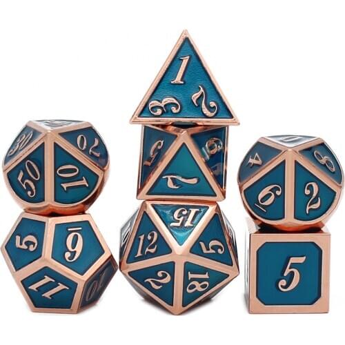 Metal Dice D4 D6 D8 D10 D% D12 D20 with Black Soft Drawstring Pouch for DnD RPG Board Games Copper and blue 7 pcs dice set box