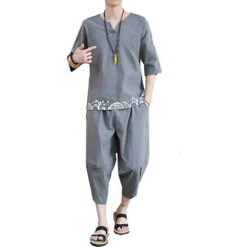 Large Size Mens Clothing Vintage Tracksuit 2021 Summer Solid Home Suit Linen T-Shirt Fashion Male Embroidery Set Chinese 5XL
