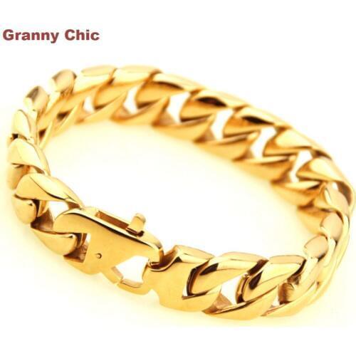 Granny Chic New Arrive Mens Hip Hop Jewelry Silver/Gold Stainless Steel Curb Cuban Bracelet Link Chain