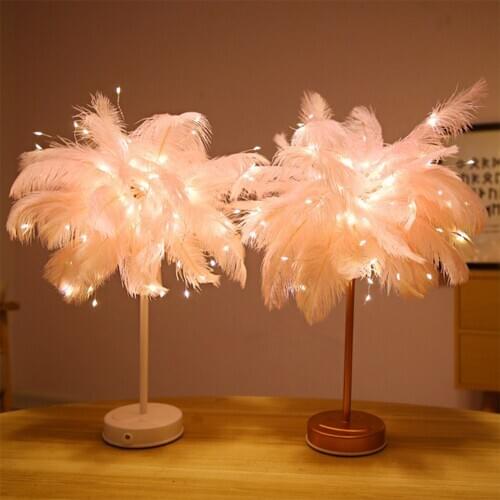 Creative Feather Table Lamp with Remote Control USB/AA Battery Power Desk Lamp Tree Feather Lampshade Night Light for Birthday