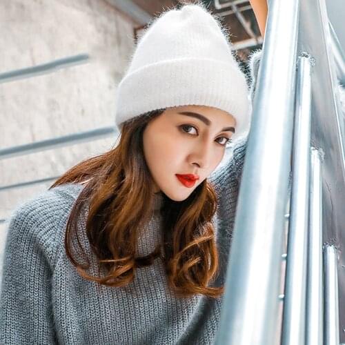 New Simple Rabbit Fur Beanie Hat For Women Winter Skullies Warm Wool Cap Gorros Female Cap For Girl hat Knitted Caps