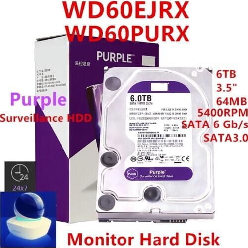 New HDD For WD Brand Purple 6TB 3.5" SATA 6 Gb/s 64MB 5400RPM For Internal Hard Disk For Surveillance HDD For WD60EJRX WD60PURX