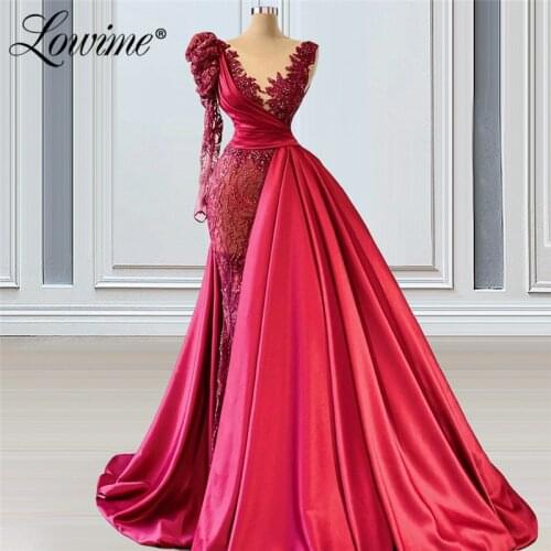 Lowime 2021 Formal Lace Applique Evening Dresses Mermaid With Detachable Train Plus Size Beaded Long Sleeves Party Dress Custom