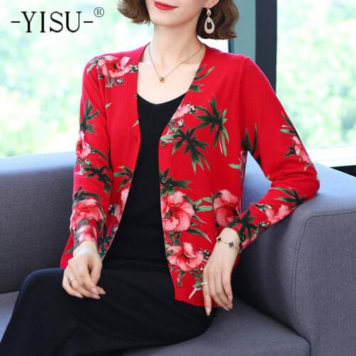 YISU Autumn Cardigan Sweater Women 2021 New Long Sleeve V-neck Knitted Sweater Coat Rose print sweater cardigan Women