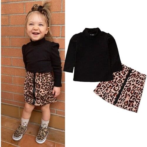 1-6 Years Baby Girls Spring Autumn Outfits Black High Neck Long-Sleeves Top + Leopard Printed Short Skirt Girls Warm Outfit