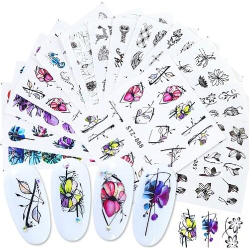 14 Designs/Set Watercolor Nail Sticker Mixed Ink Flower Floral Nail Art Water Transfer Decals Manicure Tattoos Sliders BU-A5